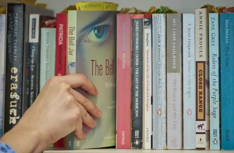 A hand pulling a copy of The Bell Jar out from a bookshelf holding a number of classic literary fiction books.