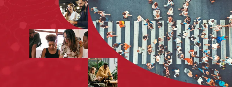 Collage of images including busy crossing showing lots of people, and three work settings of colleagues collaborating