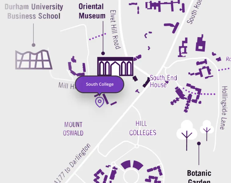 A Map of Durham University highlighting the location of South College
