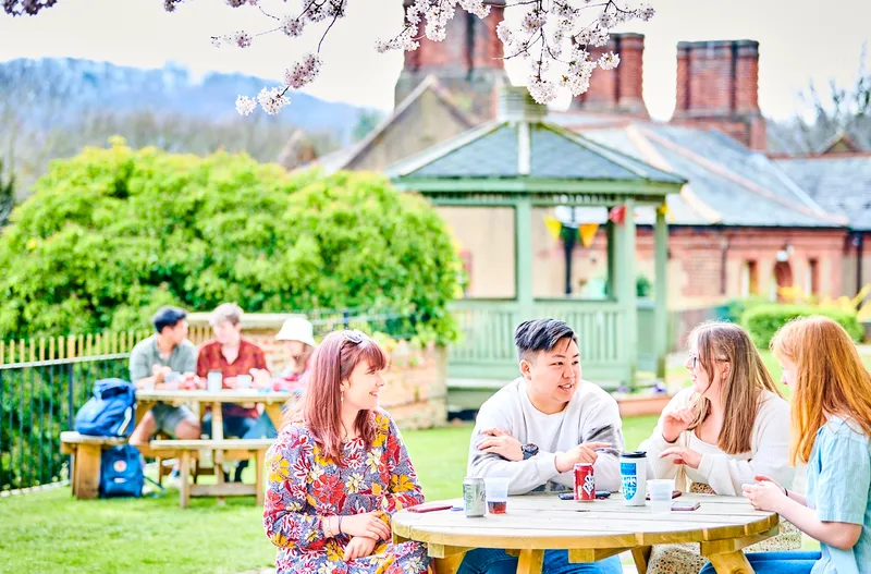 students chatting outside