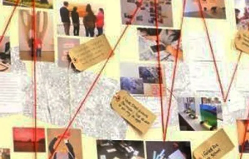 a noticeboard showing photos, notes and maps