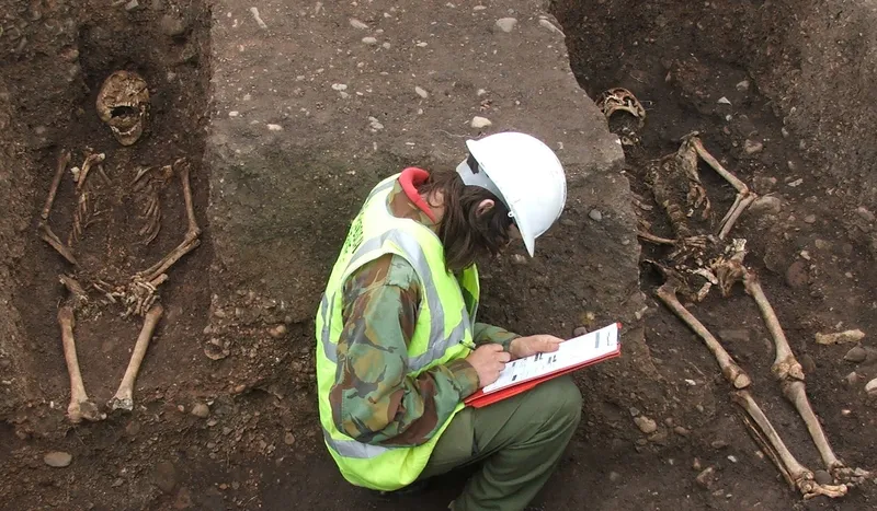 Skeletons unearthed and student with clipboard