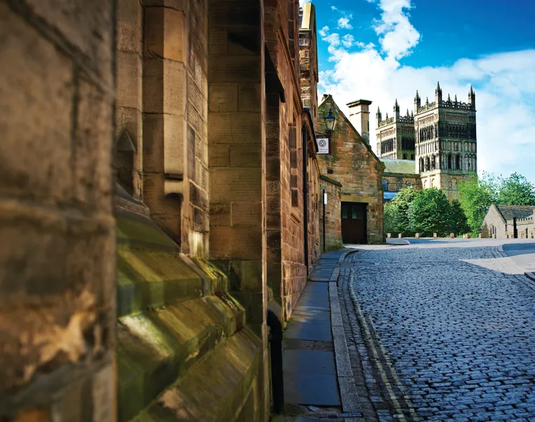 Cobbled street leading up to Durham Cathedral.