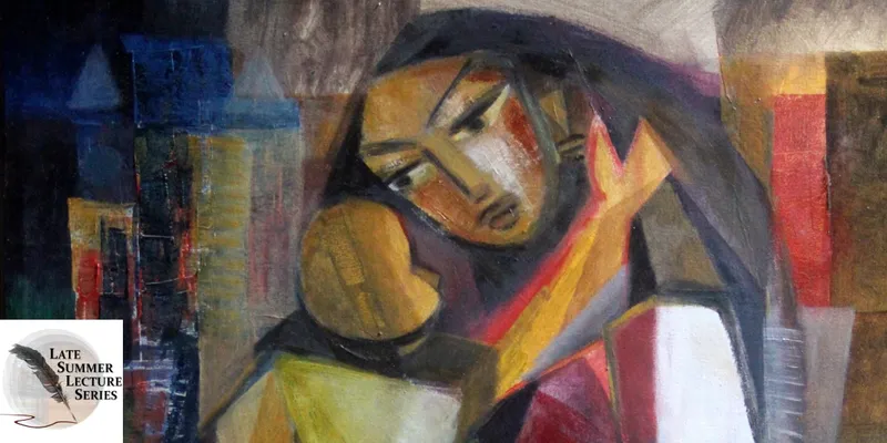 Abstract painting of a woman embracing a baby