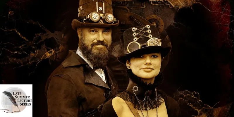 A man and woman in Victorian costume, with clockwork and other mechanical devices on their hats