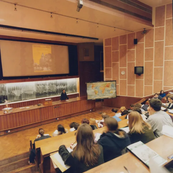 Appleby Lecture Theatre with Mike Crang delivering a lecture in the 1990s