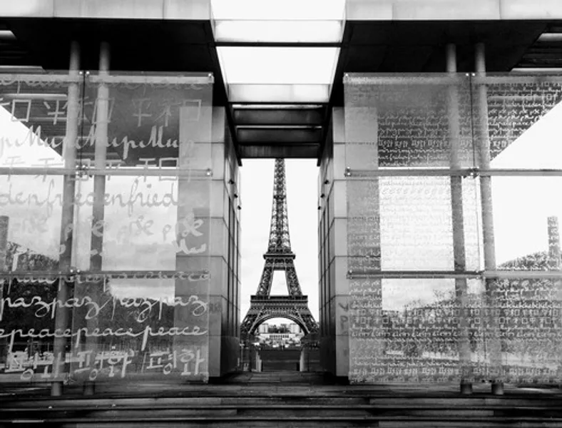 A view of the Eiffel Tower through etched glass