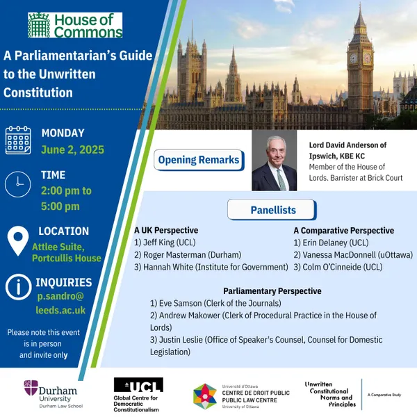 A poster detailing the event 'A Parliamentarian's Guide to the Unwritten Constitution', details for which can be found on the UCNP project's event pages.