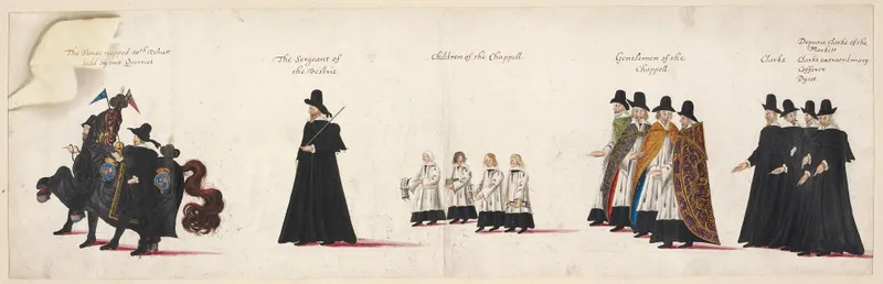 Drawings of the funeral procession of Elizabeth I of England to to Westminster Abbey, 28th April 1603 : the horse trapped with velvet, led by two attendants; the Sergeant of the Vestry and Children of the Chapel Royal; Gentlemen of the Chapel; Clarks; Deputy Clarks of the Market, etc.