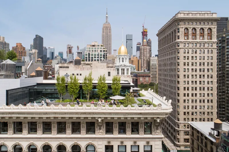View of the roof top garden atop the Flatiron Institute building in New York