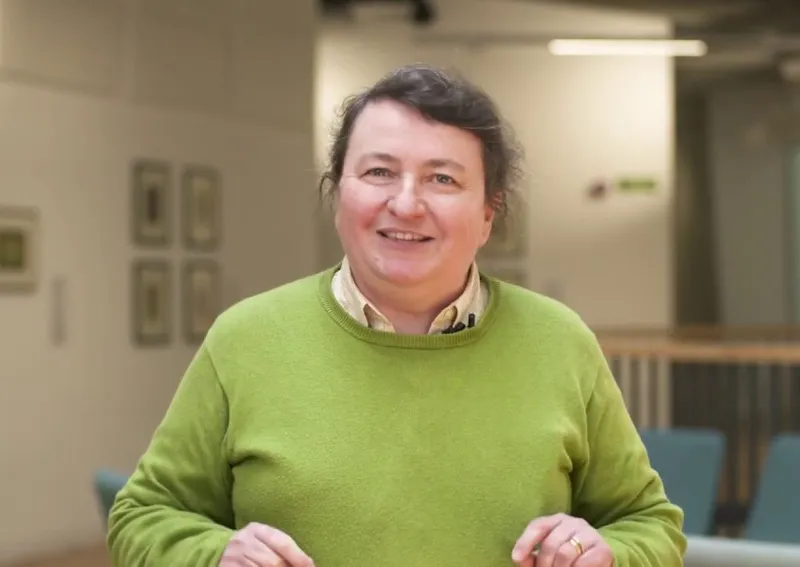 Image of a smiling Prof Paula Chadwick, taken in the new Ogden building