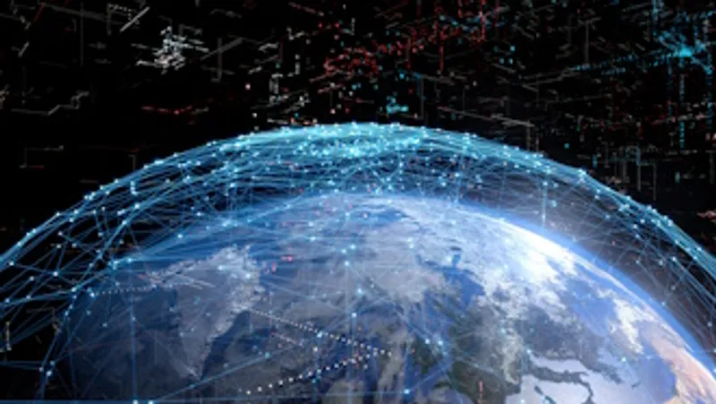 An illustation of the Earth from space, with lines representing worldwide connections
