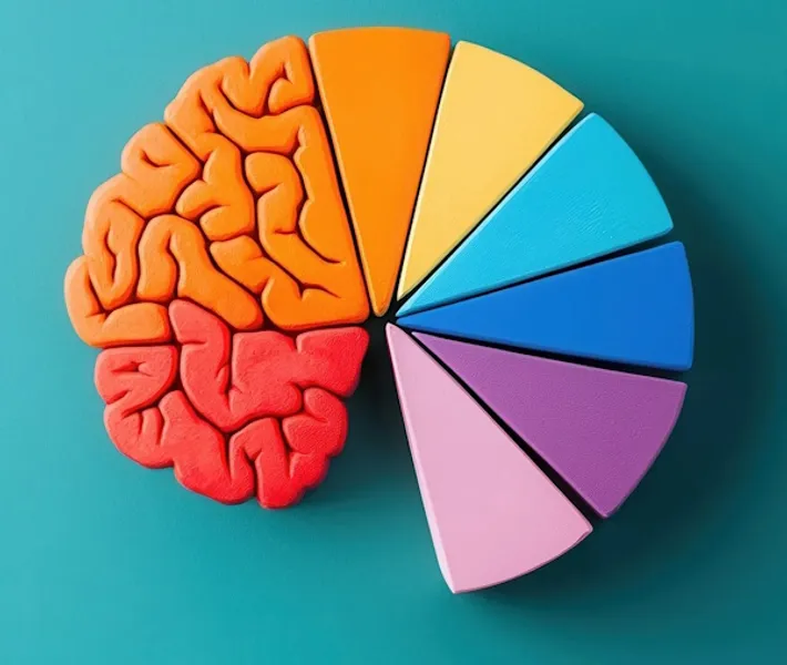 Wooden blocks arranged in a pie chart, some segments merge into the shape of a brain.