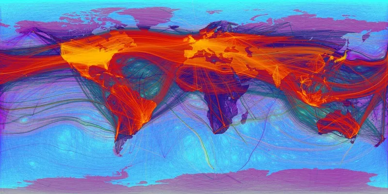 World map showing virtual connections between countries. Adapted from 'World travel and communications recorded on Twitter' by Eric Fischer (CC-BY-2.0)