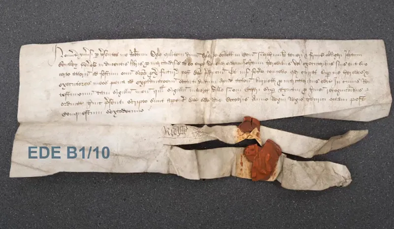 A bond by Robert Ogle, lord of Ogle and Bothal, to John Bentley for merchandise, sealed in 1524 by Ogle and the mayor of Newcastle-upon-Tyne (Eden Papers EDE B1/10)