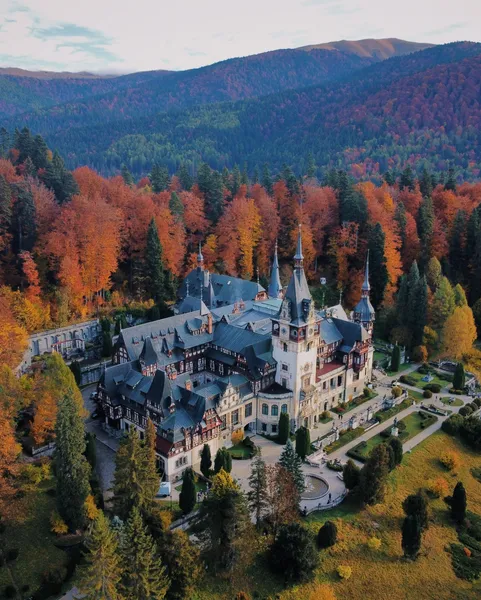 An areal view of Peles Castle in Romania