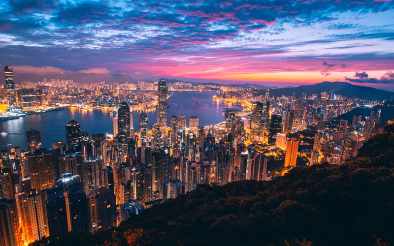 An areal view of Hong Kong at sunset