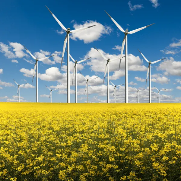 Wind farm with yellow flowers in the foreground