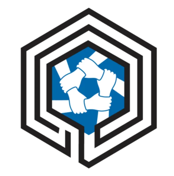 A hexagonal logo with hands holding each others' wrists, depicting a supportive network
