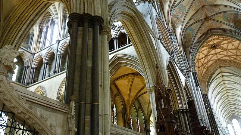 Photograph of the interior of Salisbury Cathedral showing the early English Gothic arches