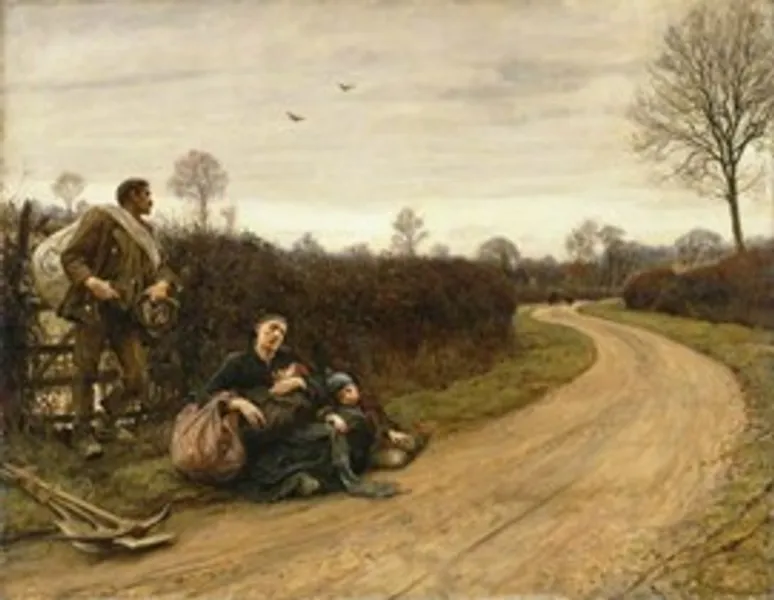 An oil painting showing a family resting at the side of a dirt track with their belongings. The women is seated on the grass with her baby the man is resting against a fence.