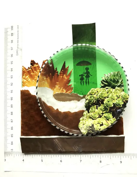 Collage of a plate, ruler with black outline of 2 people