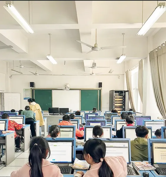 Shot from behind of students working in a computer class