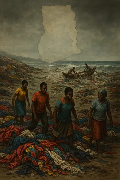 Painting of people walking through clothes on a beach