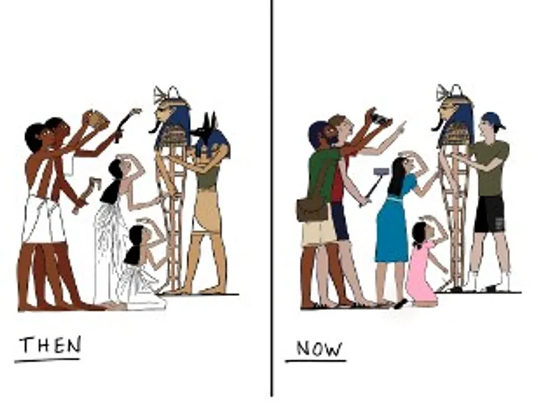 Egyptian picture of people bowing to a mummy now and then.