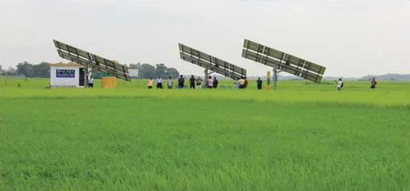 Fields in Bangladesh with Solar panels in distance and people