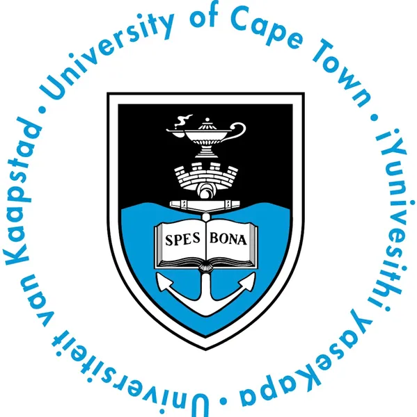 University of Cape Town logo, featuring a shield. The top half is black with a lamp balanced on top of a crown, the bottom half is blue with a book with the words 