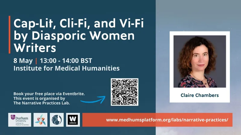 A graphic that shows the title of the event (Cap-Lit, Cli-Fi, and Vi-Fi by Diasporic Women Writers), the date and venue (8 May, 1-2pm BST, Institute for Medical Humanities), and a QR code to the Eventbrite. This event is organised by the Narrative Practices Lab. An image of Claire Chambers, a smiling woman with brown hair wearing a blue and red top. Logos of the IMH, Wellcome, DRP and NPL.