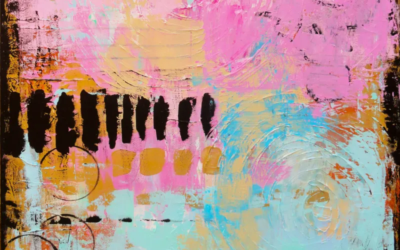Abstract painting in black, pink, light blue and orange
