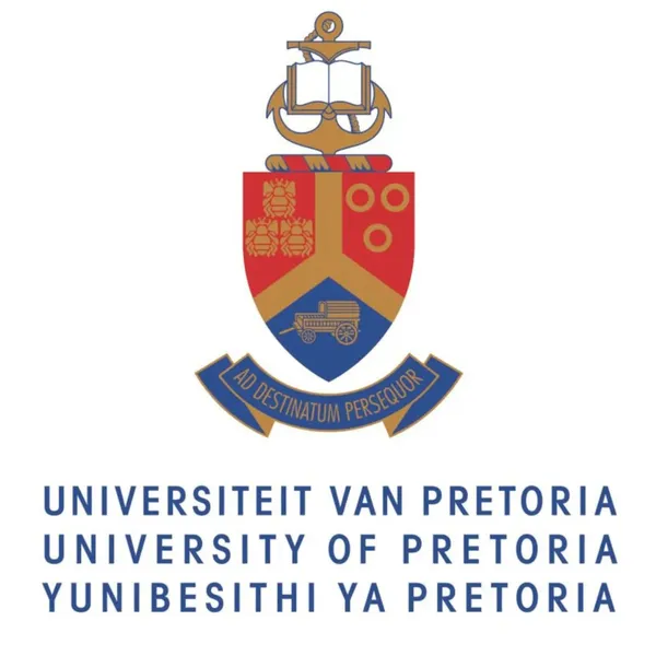Logo of the University of Pretoria, featuring a shield split into thirds - the top two are red and the bottom is in below. Above the shield is a book laid on top of the anchor. Below the shield is the motto 