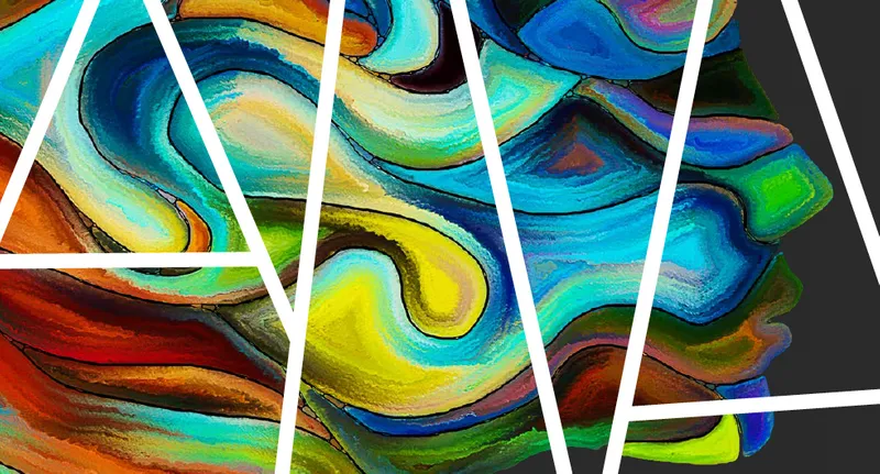 Art with vibrant coloured swirls forming the profile of a face underneath white triangle outlines.