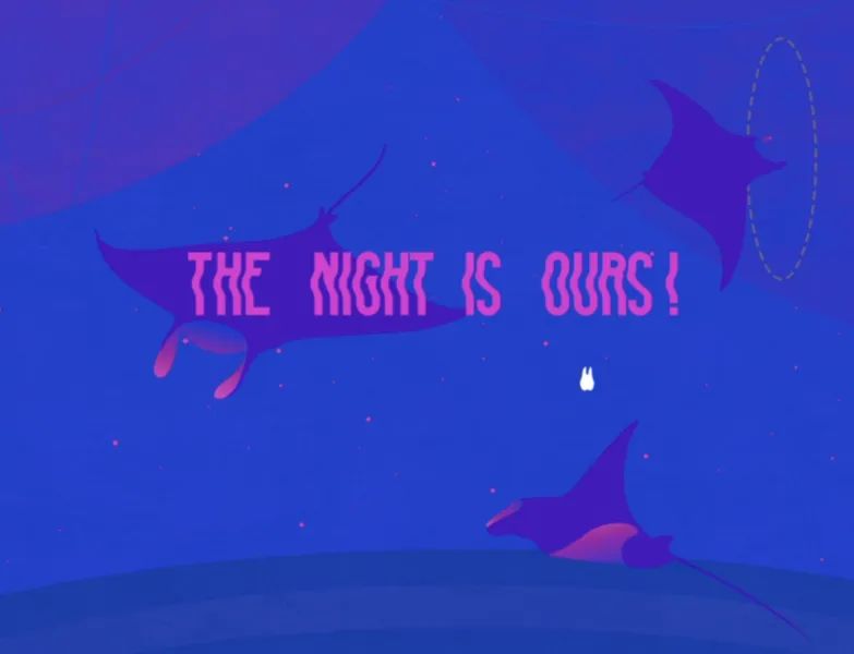 Neon coloured graphic image of sting rays swimming, with the text in hot pink 'The night is ours!'
