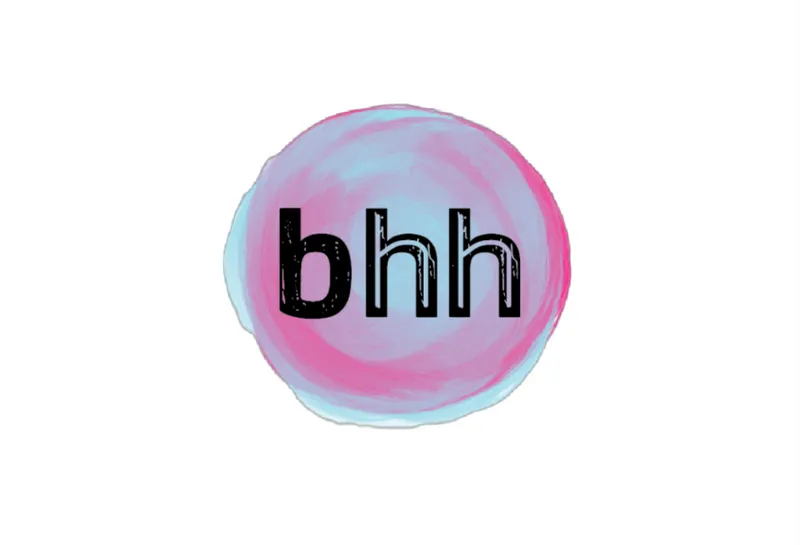 Colourful blue and pink watercolour sphere, with 'bhh' in black text within it.