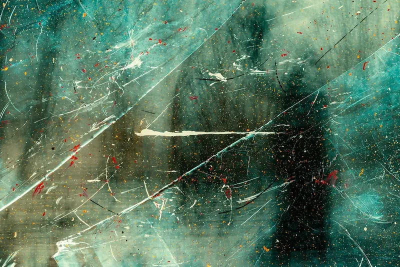 A teal coloured background of various shades with paint splatters across it
