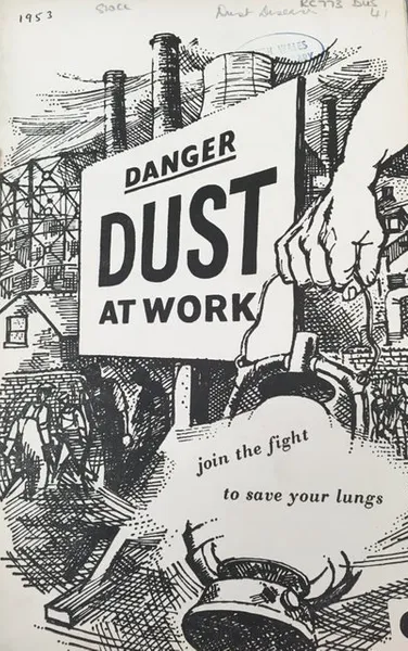 Image from Trade Union Pamphlet showing sign saying 'Dust at Work'.