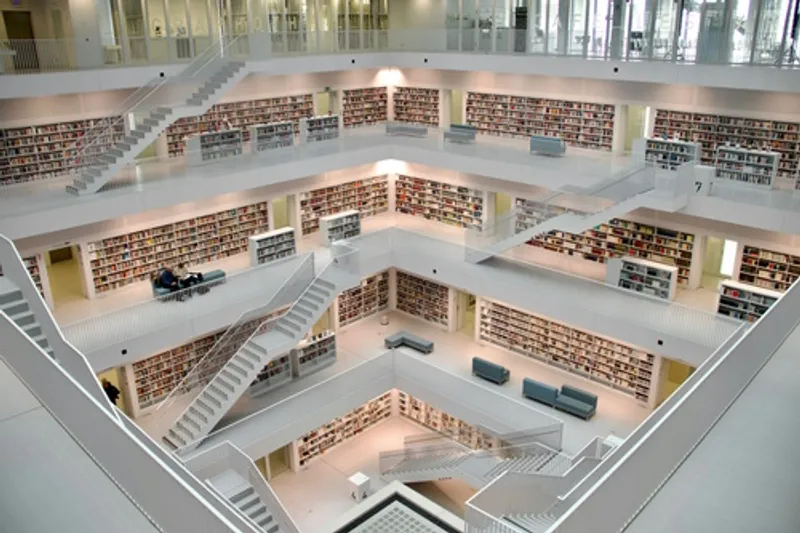 Modern Multi-Level Library Interior with Bookshelves