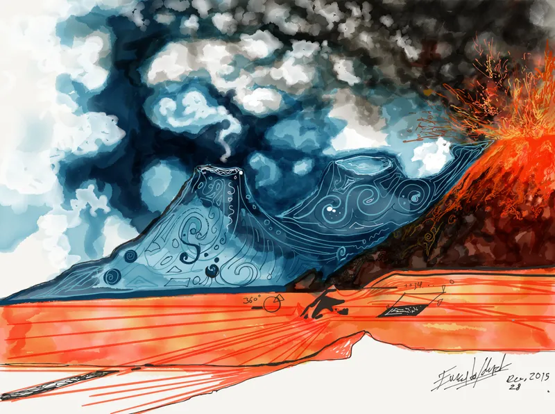 Artwork depicting a volcano erupting