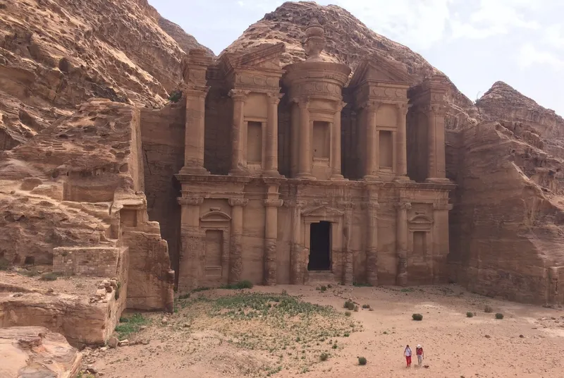 Wide view of the ancient Ad Deir monastery in Petra, Jordan