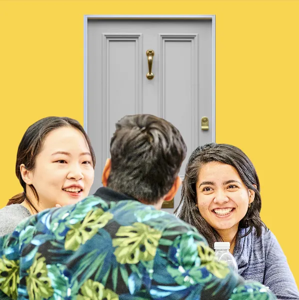 A group of students chatting in front of a house door on a yellow background