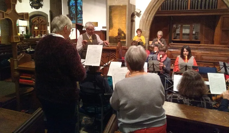 People playing recorders at a Philip Thorby Gabrieli workshop, St Margarets Church, Crossgate
