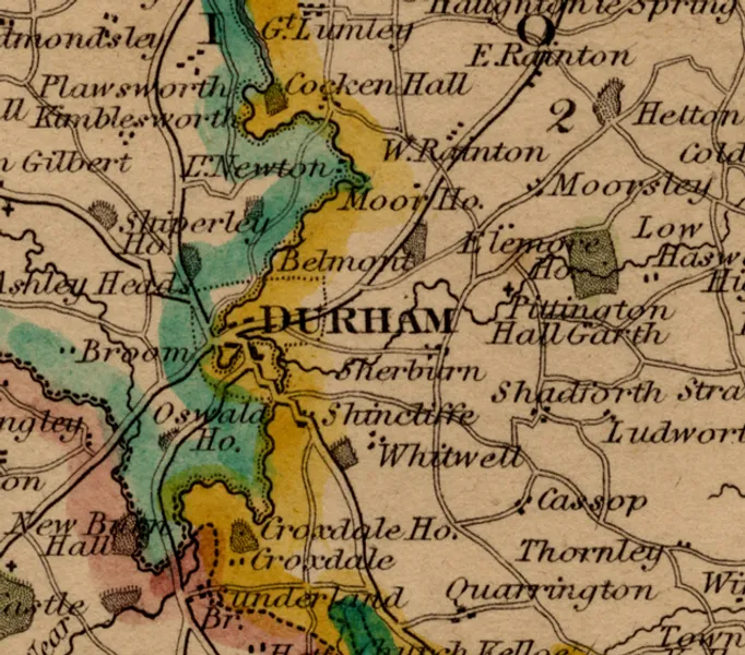 Cropped portion of 19th century map of County Durham showing Durham City and the surrounding area.