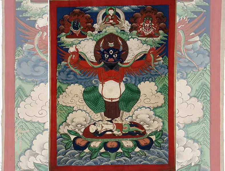 Tibetan thangka decorated with the figure of Garuda, the king of birds