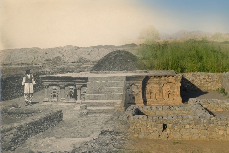 Composite photograph showing stone structure with a man standing beside it. One half is an old back and white photograph, the other half is a modern colour image.