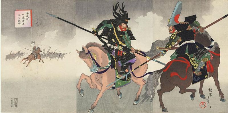 Two Japanese samurai on horseback face off against each other with their spears crossing. In the background a battle is taken place half hidden in dust and clouds.