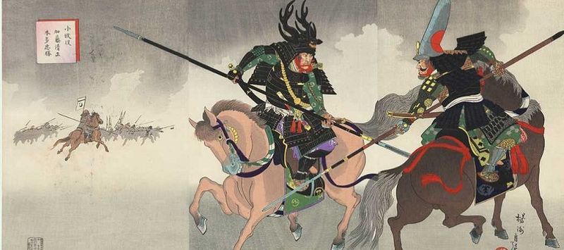 Detail from The Battle of Komaki: Kato Kiyomasa and Honda Tadakatsu by Yōshū Chikanobu, 1899 CE