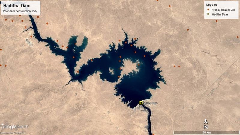 Google image of the Euphrates River and distribution of archaeological site following the construction of the Haditha dam